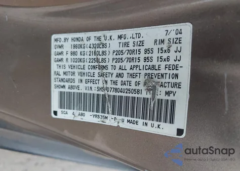 2004 Honda Cr-V Ex from USA, damaged, VIN SHSRD77804U250581